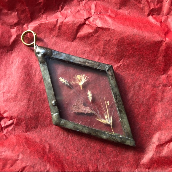 Raw Metal & Glass Casing Dried Flower Pendant - OOAK - Picture 1 of 6